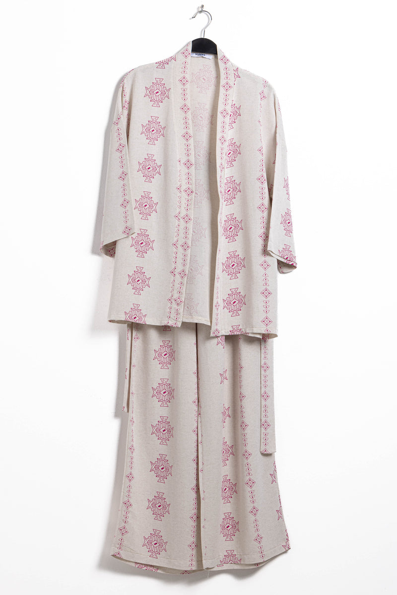 PRINTED LINEN BLNED KIMONO SET