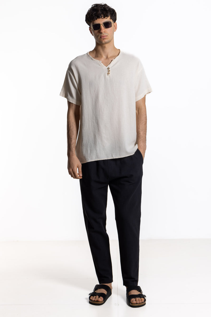 TEXTURED LINEN HENLEY T-SHIRT