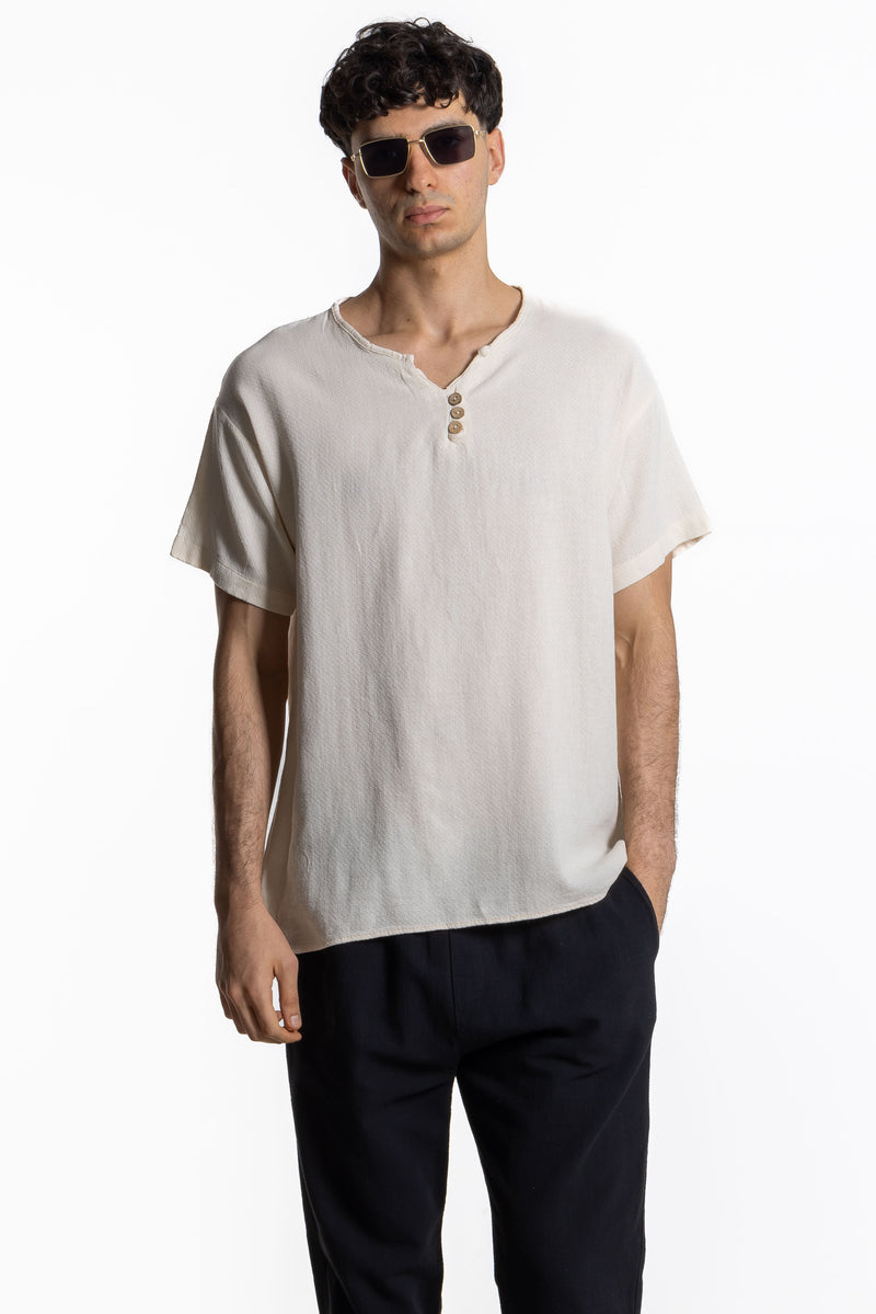 TEXTURED LINEN HENLEY T-SHIRT