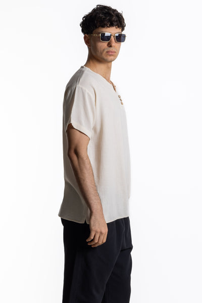 TEXTURED LINEN HENLEY T-SHIRT