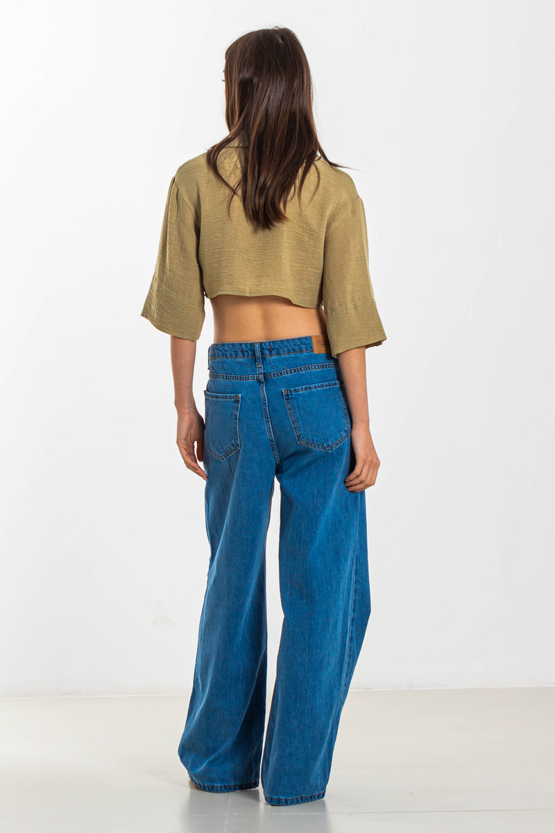 LINEN BLEND CROP SHIRT