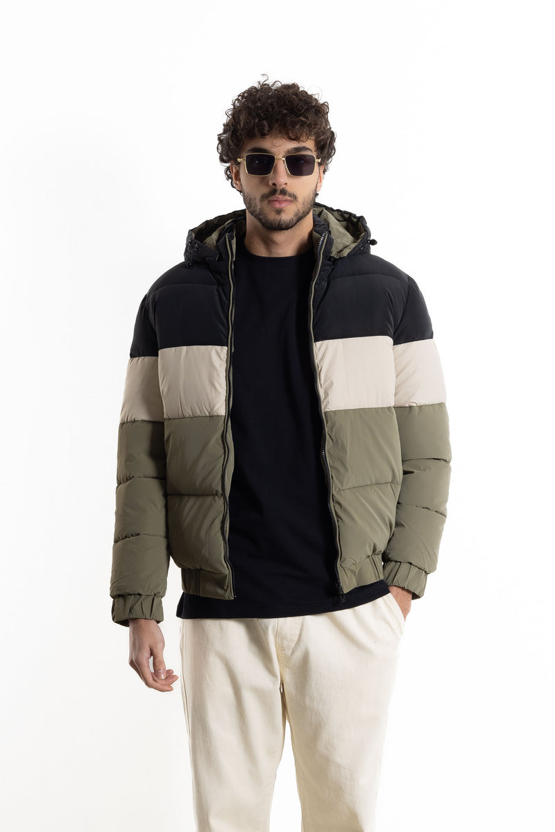 CONTRAST PUFFER JACKET WITH HOOD