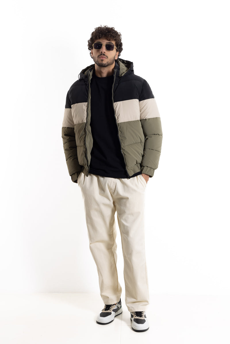 CONTRAST PUFFER JACKET WITH HOOD