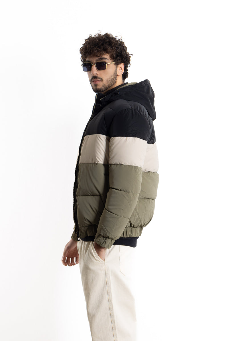 CONTRAST PUFFER JACKET WITH HOOD