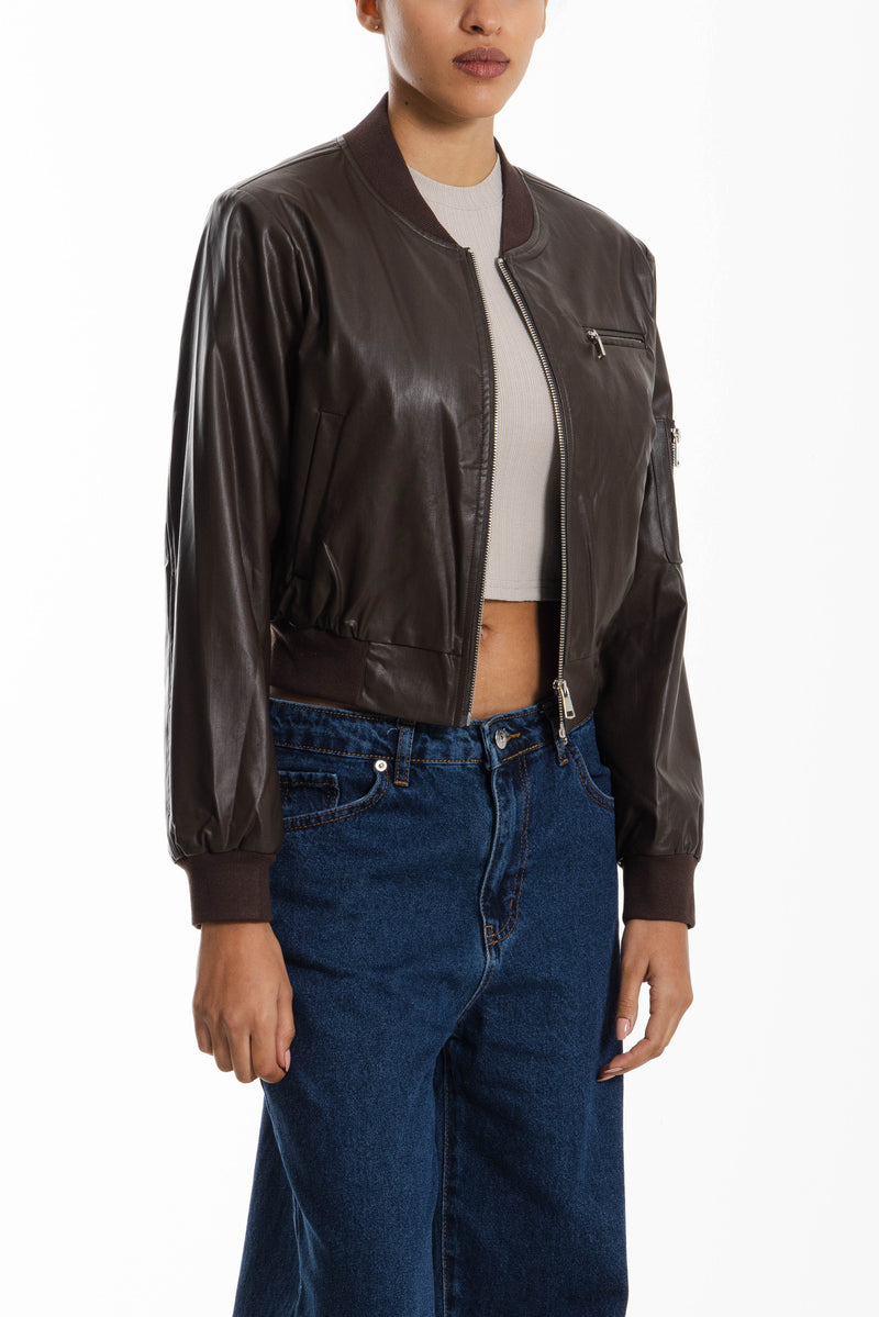 FAUX LEATHER CROPPED BOMBER JACKET