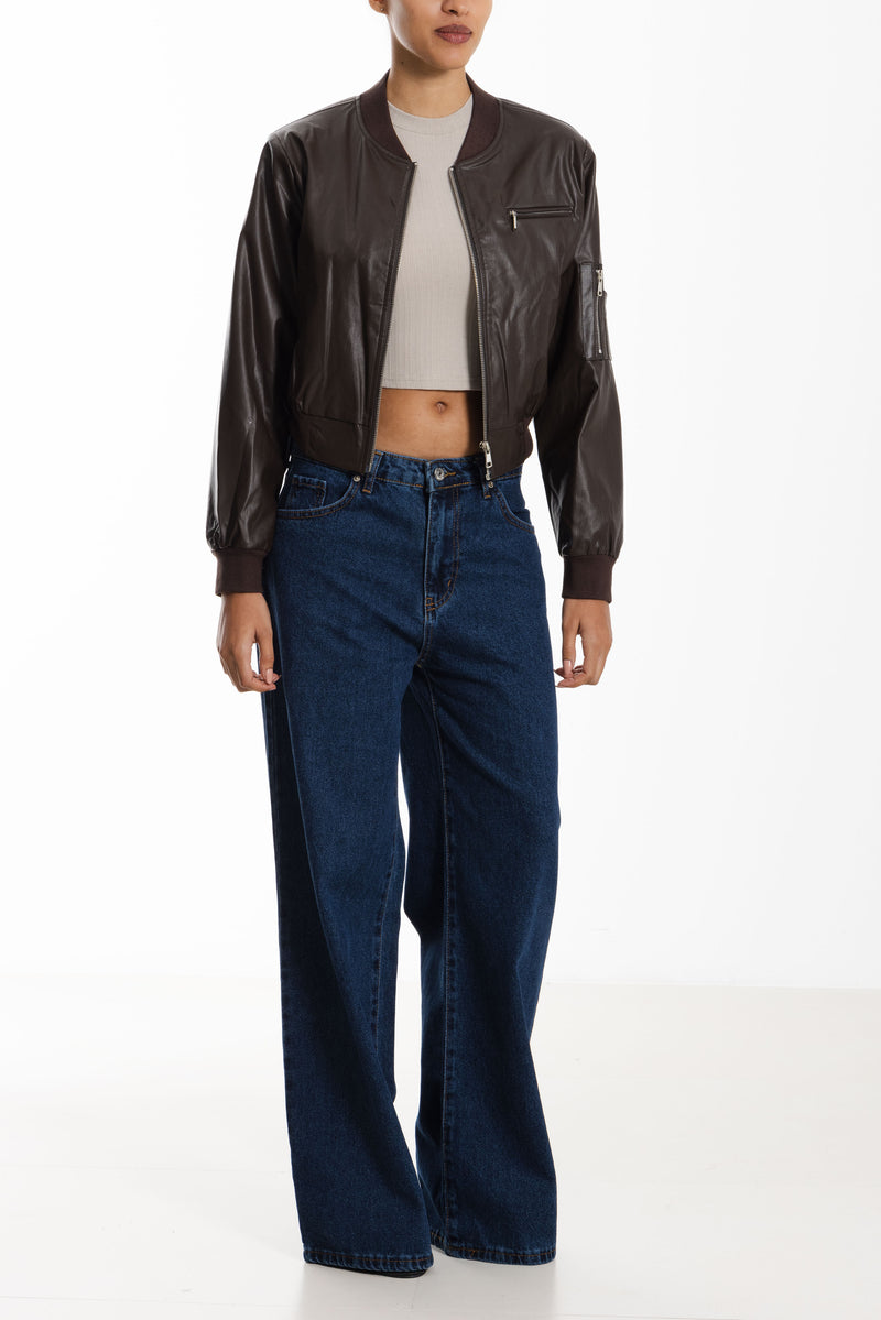 FAUX LEATHER CROPPED BOMBER JACKET