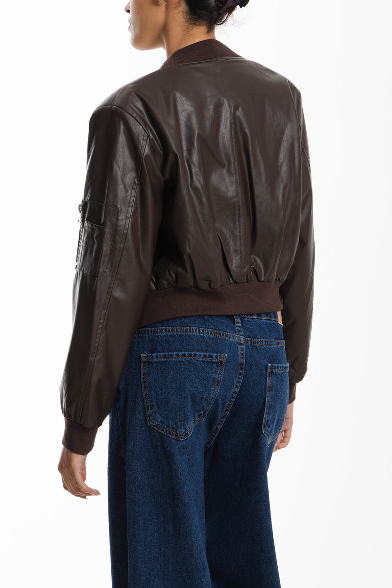 FAUX LEATHER CROPPED BOMBER JACKET