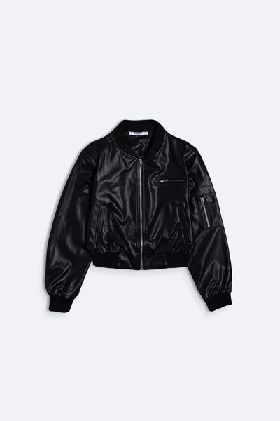 FAUX LEATHER CROPPED BOMBER JACKET