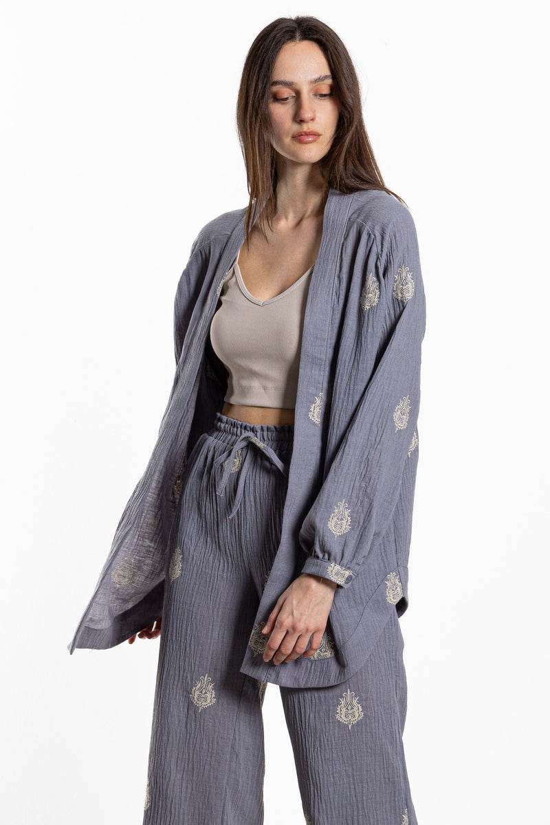 EMBROIDERED LINEN BLEND KIMONO SET