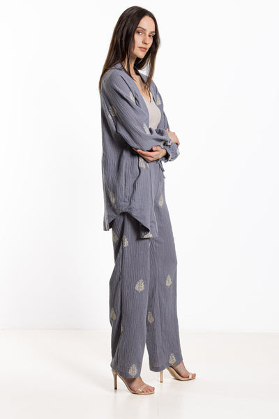 EMBROIDERED LINEN BLEND KIMONO SET