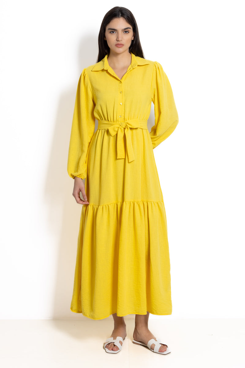 BELTED LINEN BLEND MAXI DRESS