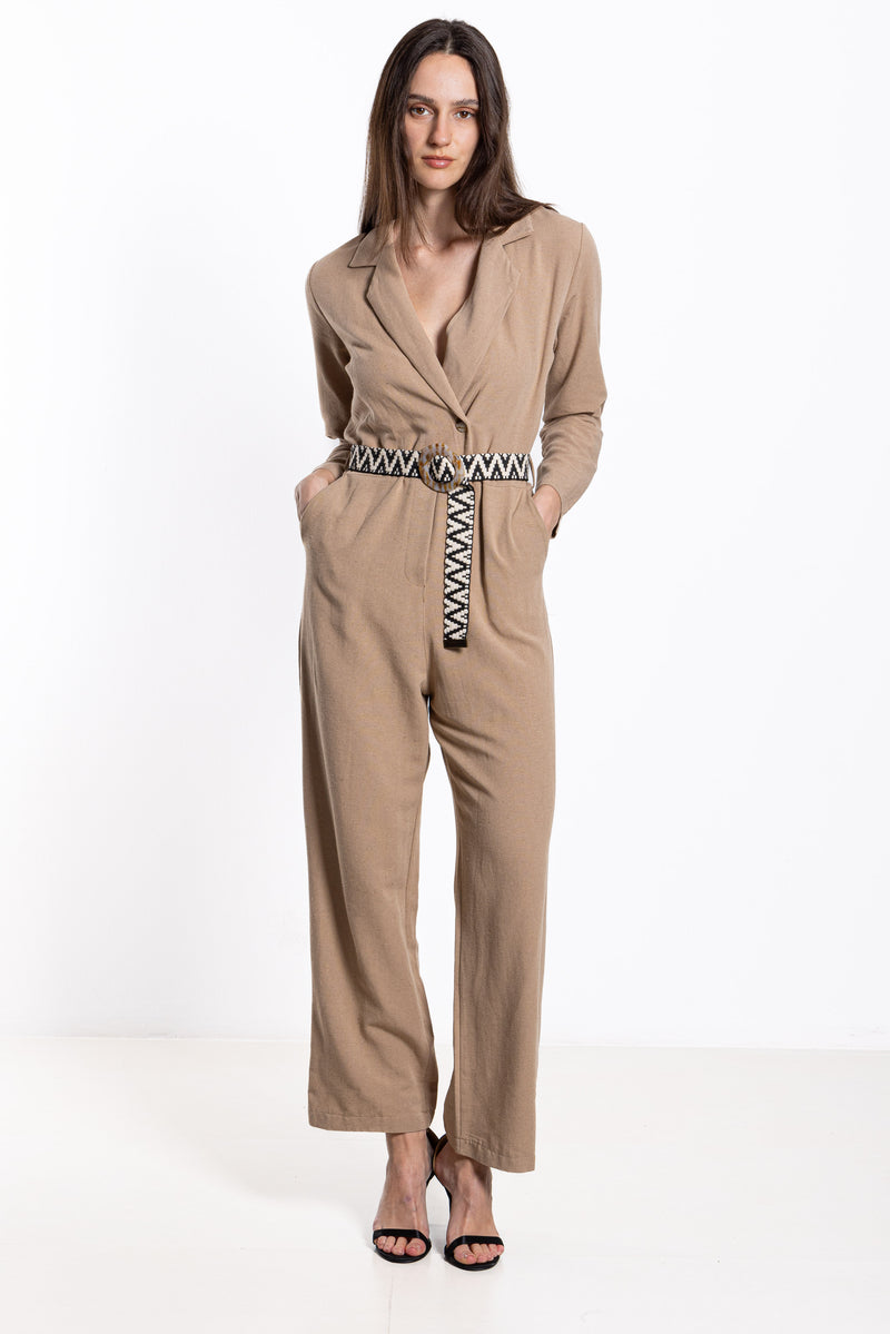 LINEN BLEND JUMPSUIT WITH BELT