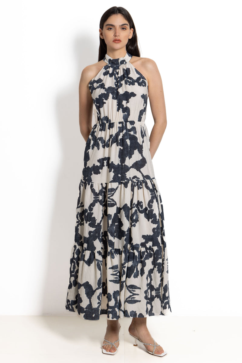 ABSTRACT PRINTED HALTER-NECK MAXI DRESS