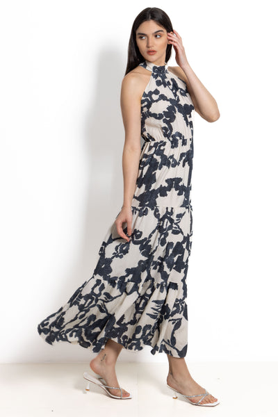 ABSTRACT PRINTED HALTER-NECK MAXI DRESS