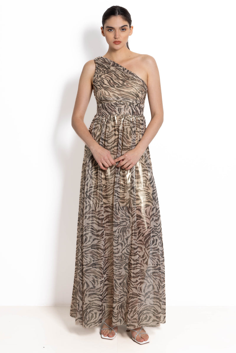 ANIMAL PRINT ONE SHOULDER SATIN MAXI DRESS