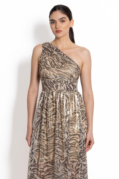 ANIMAL PRINT ONE SHOULDER SATIN MAXI DRESS