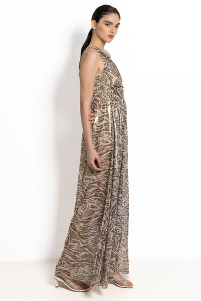 ANIMAL PRINT ONE SHOULDER SATIN MAXI DRESS