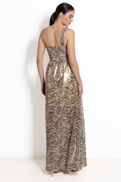 ANIMAL PRINT ONE SHOULDER SATIN MAXI DRESS