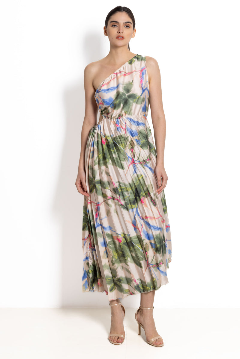 ONE SHOULDER PRINTED SATIN DRESS