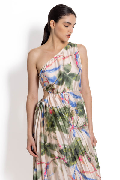 ONE SHOULDER PRINTED SATIN DRESS