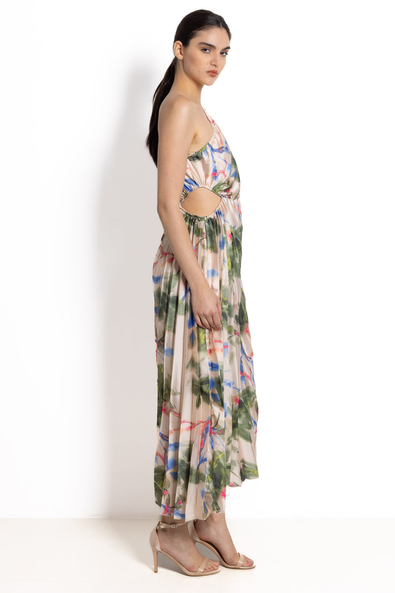 ONE SHOULDER PRINTED SATIN DRESS