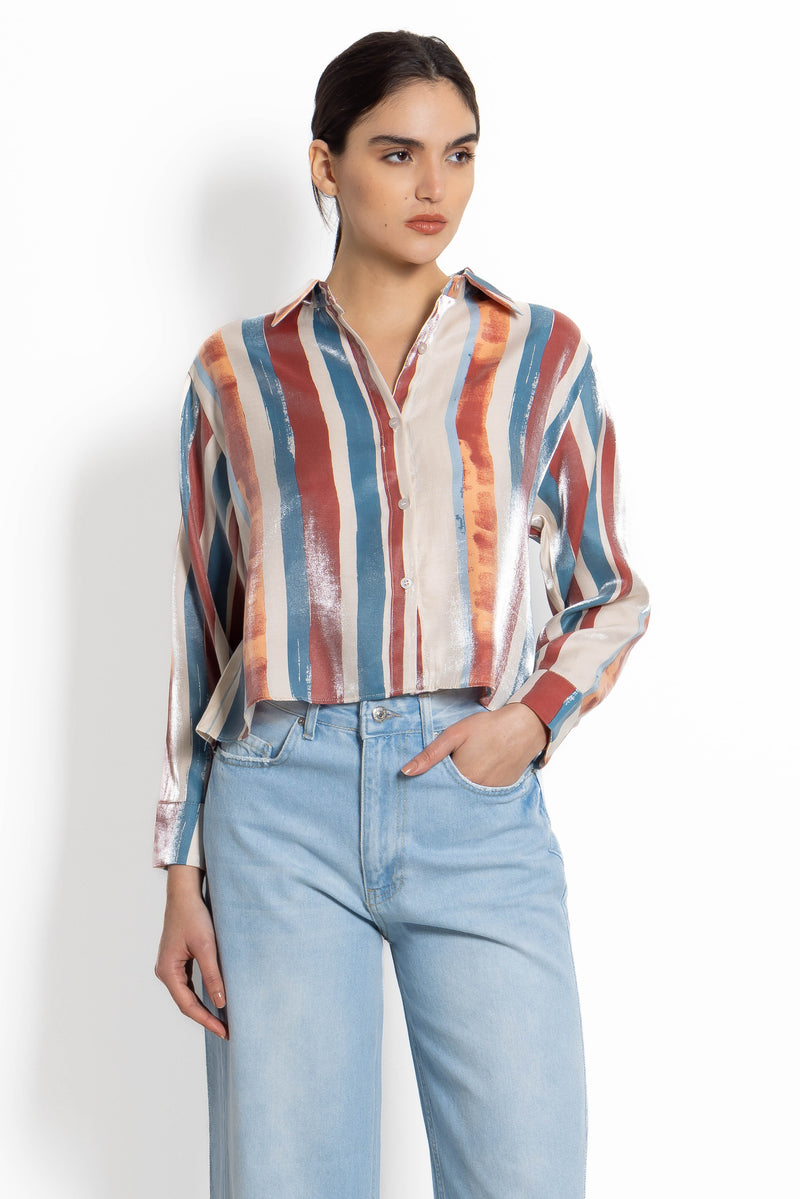 STRIPED SATIN CROP SHIRT