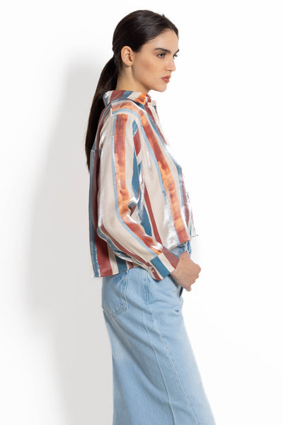 STRIPED SATIN CROP SHIRT