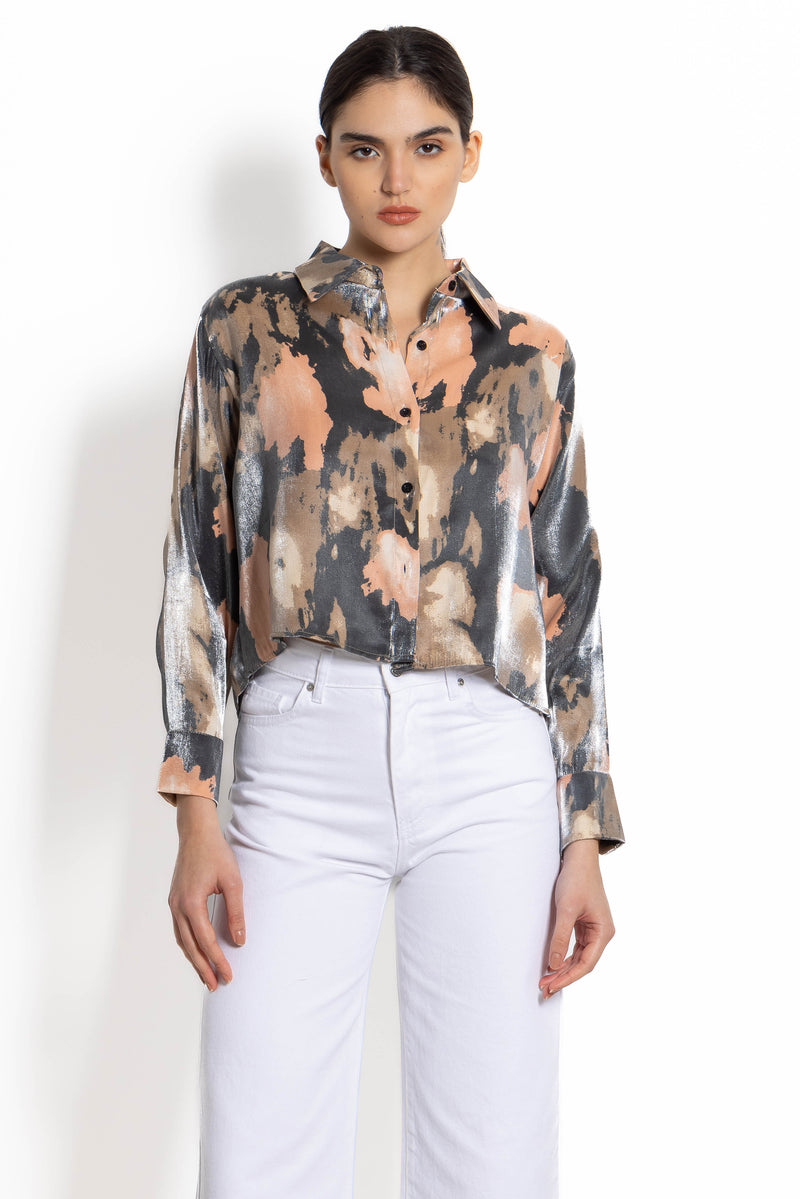 ABSTRACT PRINT CROP SATIN SHIRT