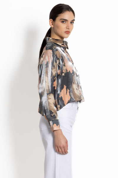 ABSTRACT PRINT CROP SATIN SHIRT