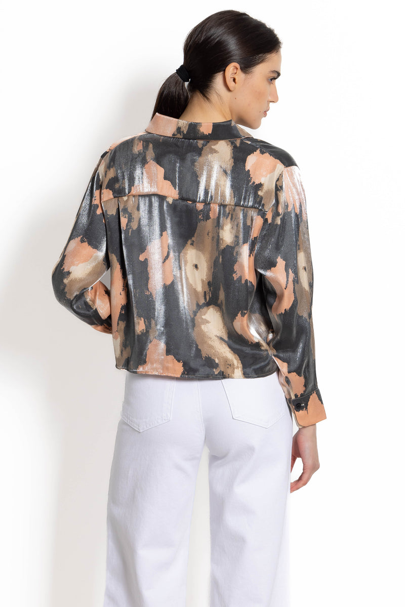 ABSTRACT PRINT CROP SATIN SHIRT