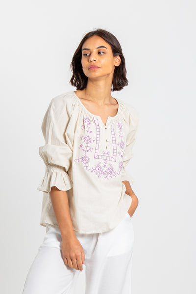 LINEN BLEND EMBROIDERED BLOUSE