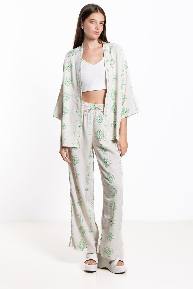 PRINTED LINEN BLNED KIMONO SET