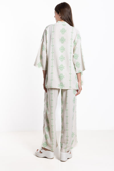 PRINTED LINEN BLNED KIMONO SET