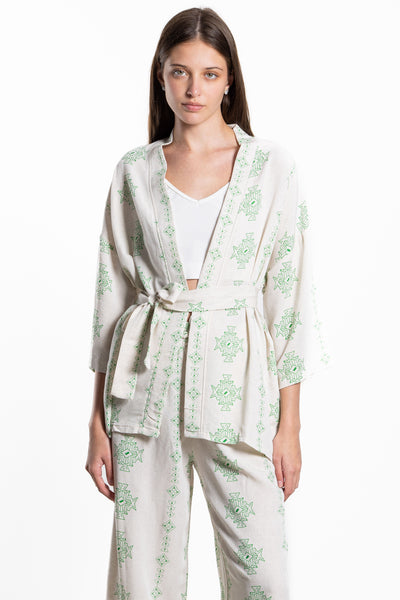 PRINTED LINEN BLNED KIMONO SET