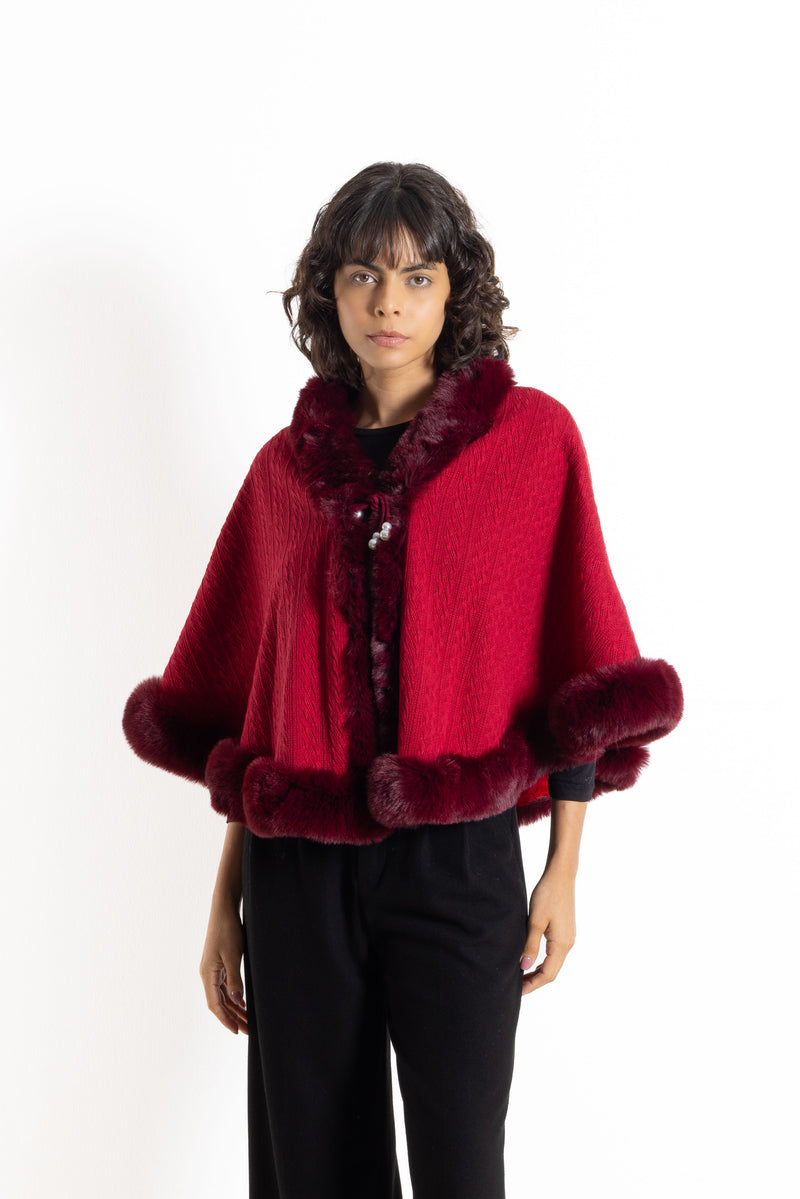 DETAILED FAUX FUR PANCHO SWEATER