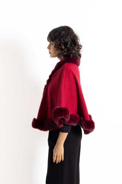 DETAILED FAUX FUR PANCHO SWEATER