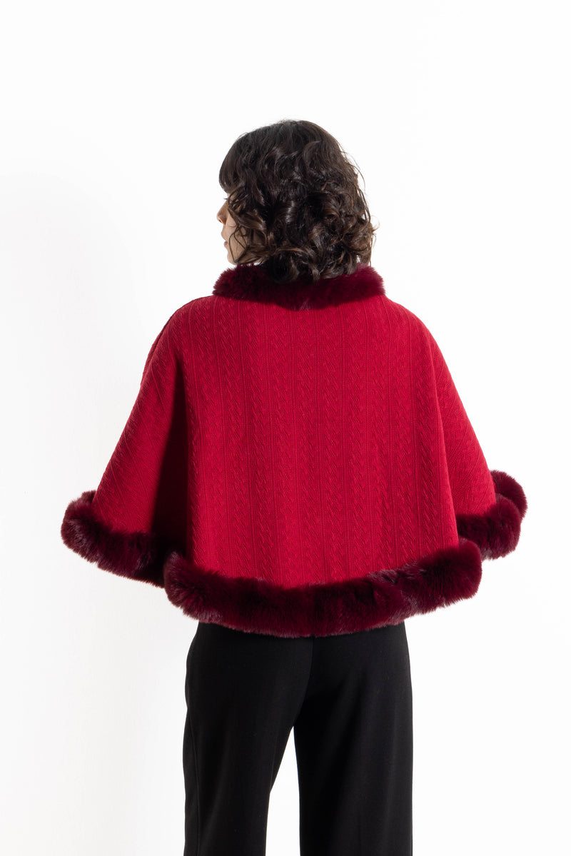 DETAILED FAUX FUR PANCHO SWEATER