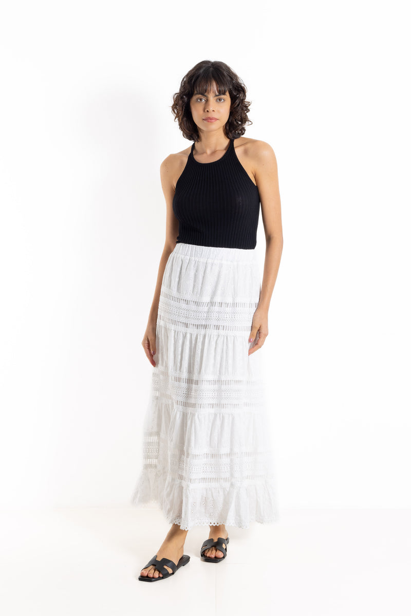 EMBROUDERED CUTWORK MIDI SKIRT