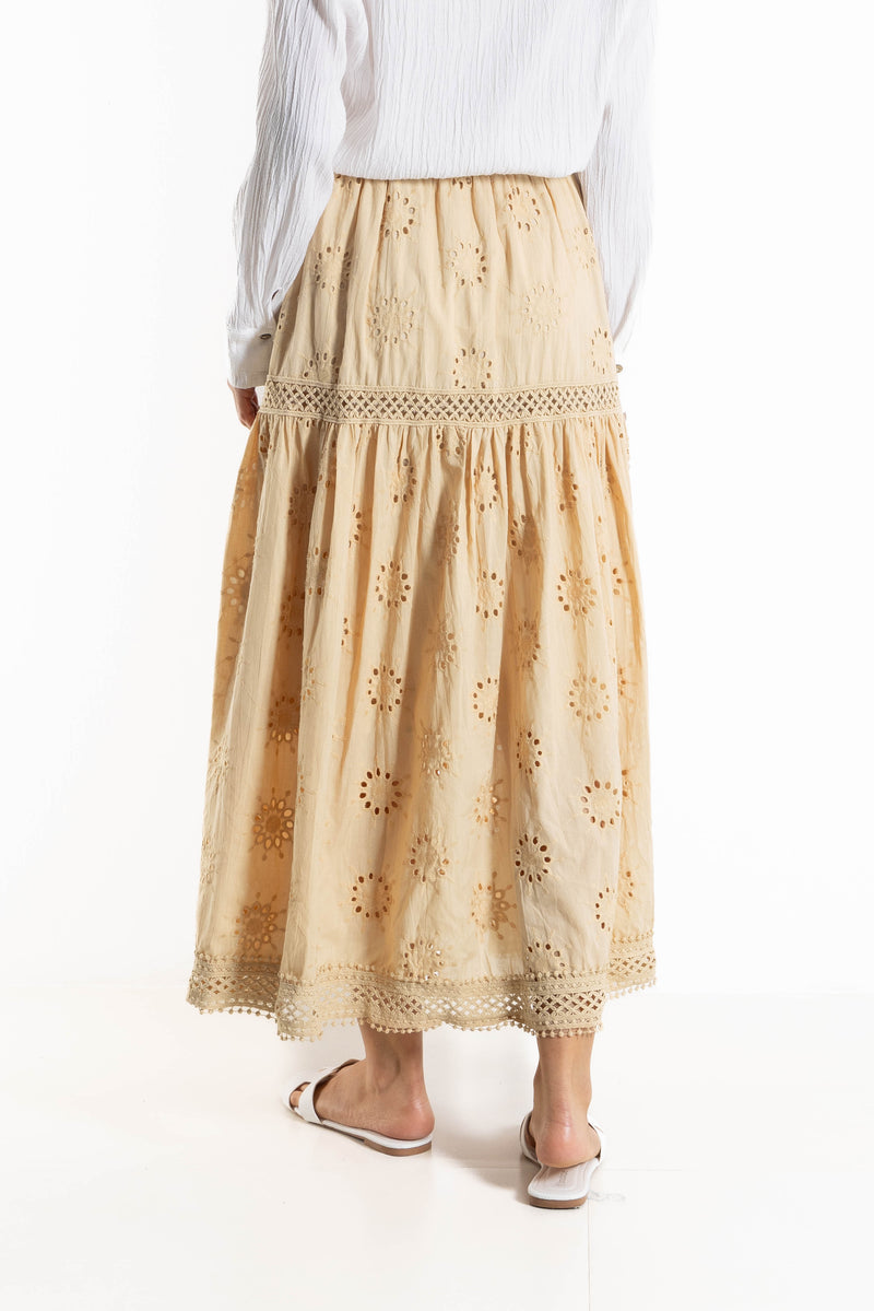 EMBROIDERED CUTWORK MIDI SKIRT