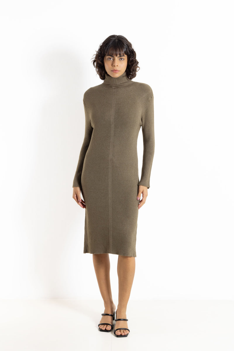 RIBBED TURTLE NECK MIDI DRESS